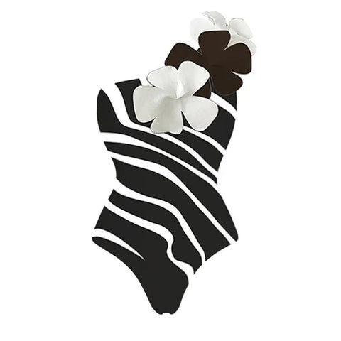 New Flower Decor One Shoulder One Piece Swimsuit and Skirt CODE: KAR2241