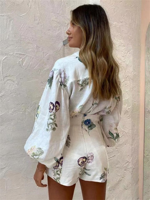 Summer New Floral Long Sleeve Shirt High Waist Shorts Set CODE: KAR2244