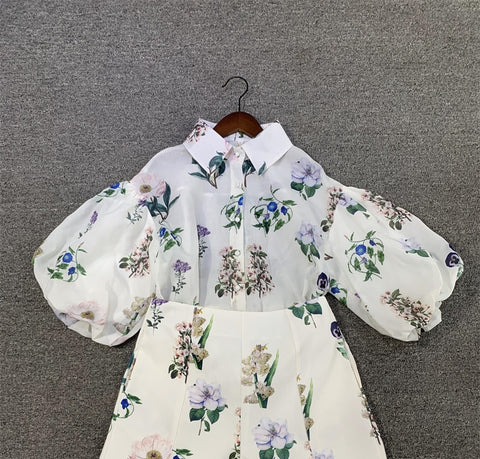 Summer New Floral Long Sleeve Shirt High Waist Shorts Set CODE: KAR2244