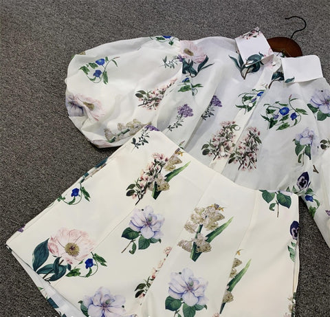 Summer New Floral Long Sleeve Shirt High Waist Shorts Set CODE: KAR2244