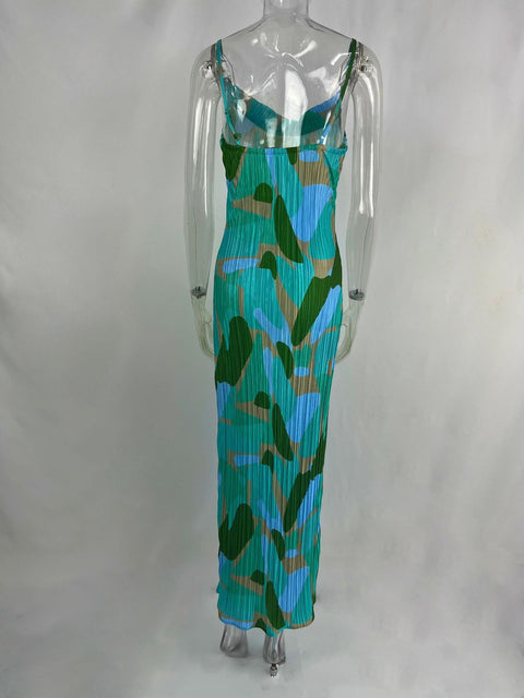 New Printed Spaghetti Strap Sleeveless Bodycon Midi Maxi Pleated Sexy Dress CODE: KAR2245