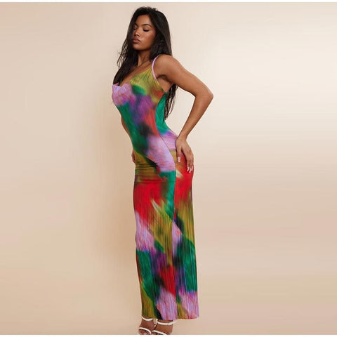 New Printed Spaghetti Strap Sleeveless Bodycon Midi Maxi Pleated Sexy Dress CODE: KAR2245