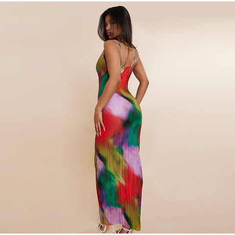 New Printed Spaghetti Strap Sleeveless Bodycon Midi Maxi Pleated Sexy Dress CODE: KAR2245