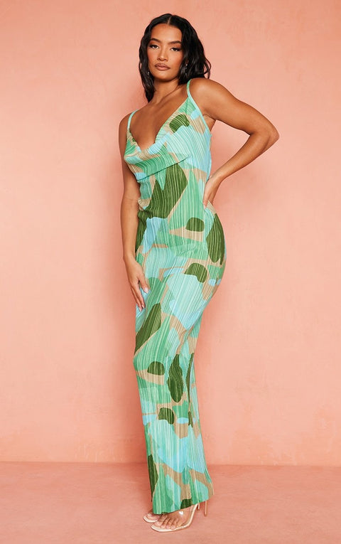 New Printed Spaghetti Strap Sleeveless Bodycon Midi Maxi Pleated Sexy Dress CODE: KAR2245