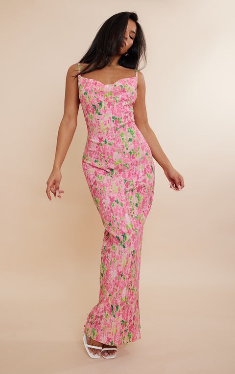 New Printed Spaghetti Strap Sleeveless Bodycon Midi Maxi Pleated Sexy Dress CODE: KAR2245