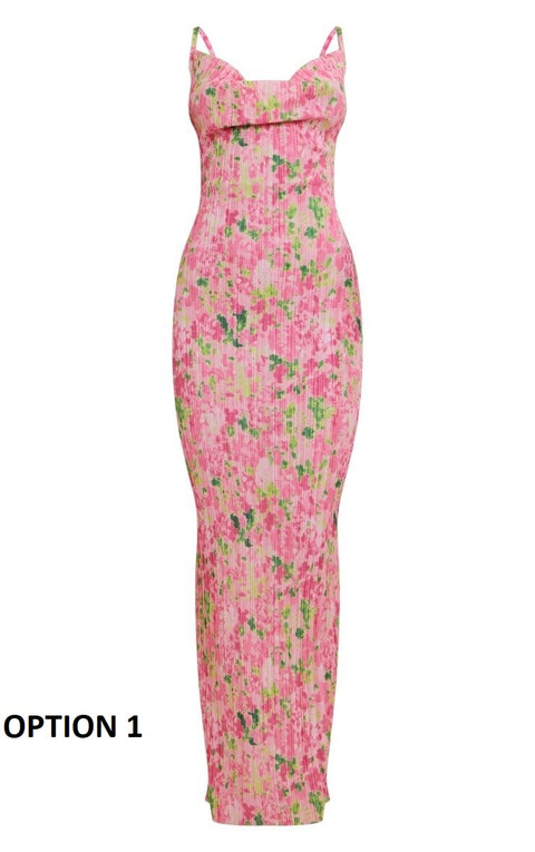New Printed Spaghetti Strap Sleeveless Bodycon Midi Maxi Pleated Sexy Dress CODE: KAR2245