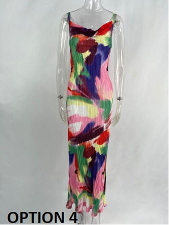 New Printed Spaghetti Strap Sleeveless Bodycon Midi Maxi Pleated Sexy Dress CODE: KAR2245