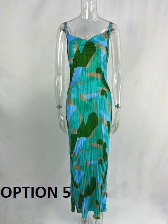 New Printed Spaghetti Strap Sleeveless Bodycon Midi Maxi Pleated Sexy Dress CODE: KAR2245