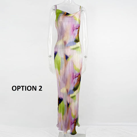 New Printed Spaghetti Strap Sleeveless Bodycon Midi Maxi Pleated Sexy Dress CODE: KAR2245