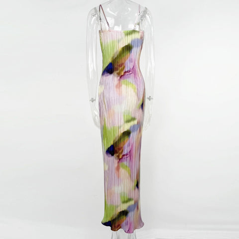 New Printed Spaghetti Strap Sleeveless Bodycon Midi Maxi Pleated Sexy Dress CODE: KAR2245
