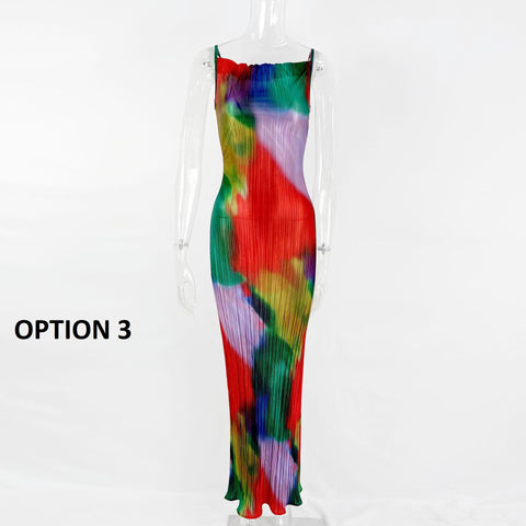 New Printed Spaghetti Strap Sleeveless Bodycon Midi Maxi Pleated Sexy Dress CODE: KAR2245