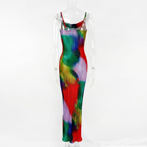 New Printed Spaghetti Strap Sleeveless Bodycon Midi Maxi Pleated Sexy Dress CODE: KAR2245