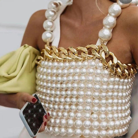 New Pearls Square Neck Sleeveless Backless Straps Casual Beads Tank Top CODE: KAR2250