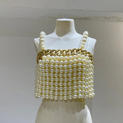 New Pearls Square Neck Sleeveless Backless Straps Casual Beads Tank Top CODE: KAR2250