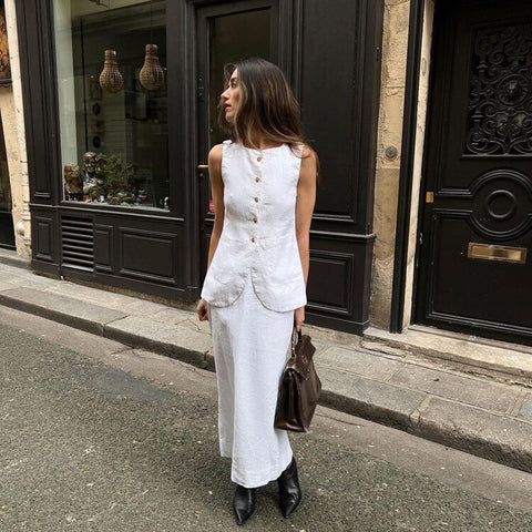 New Fashion White Sleeveless Shirt And Maxi Skirt 2 Pieces Set CODE: KAR2259