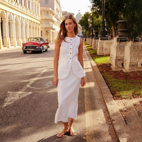 New Fashion White Sleeveless Shirt And Maxi Skirt 2 Pieces Set CODE: KAR2259
