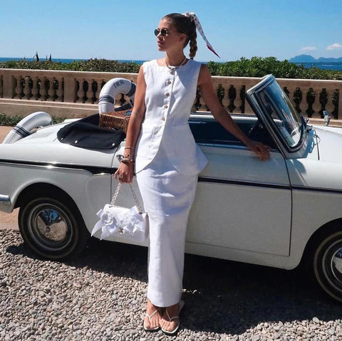 New Fashion White Sleeveless Shirt And Maxi Skirt 2 Pieces Set CODE: KAR2259