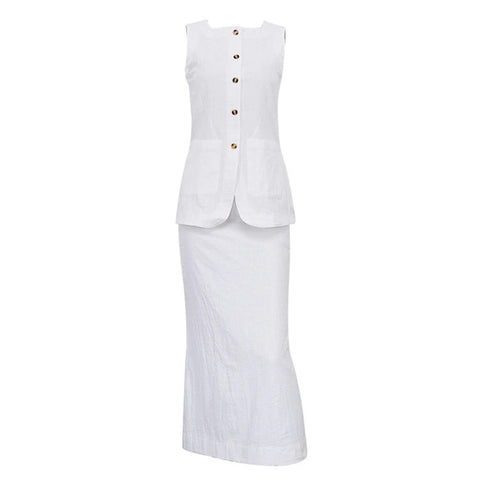 New Fashion White Sleeveless Shirt And Maxi Skirt 2 Pieces Set CODE: KAR2259