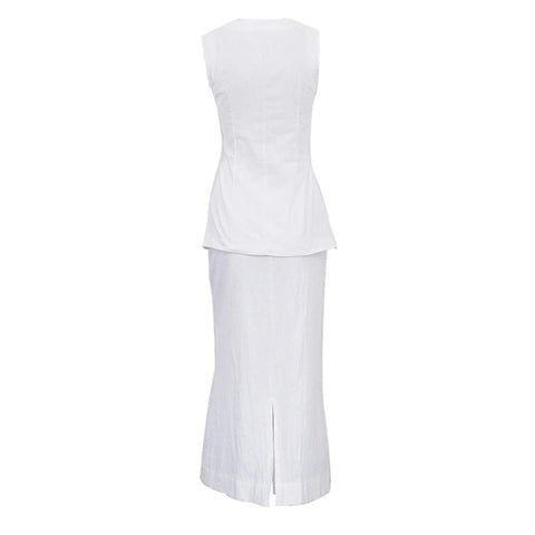 New Fashion White Sleeveless Shirt And Maxi Skirt 2 Pieces Set CODE: KAR2259