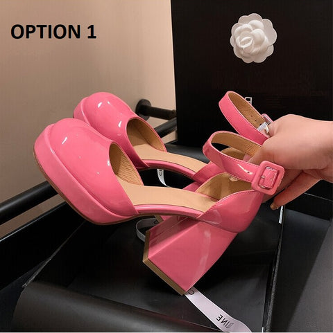 Summer Platform Ankle Strap Patent Leather Round Head Thick Heel Sandal CODE: KAR2262