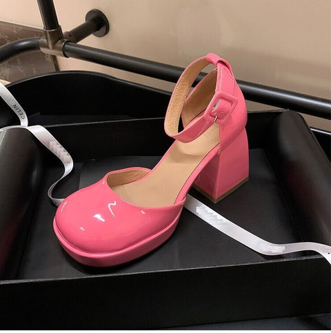 Summer Platform Ankle Strap Patent Leather Round Head Thick Heel Sandal CODE: KAR2262