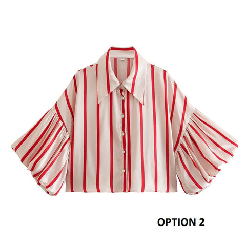 New Fashion Loose Bubble Sleeve Printed Striped Shirt CODE: KAR2268
