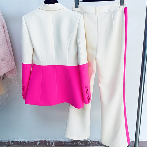 New Fashion Single Button Color Block Blazer Flare Pant Set CODE: KAR2269