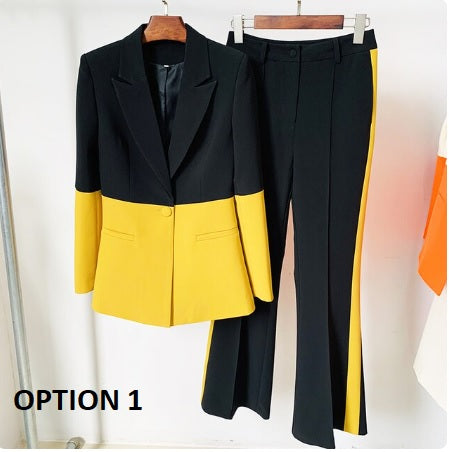 New Fashion Single Button Color Block Blazer Flare Pant Set CODE: KAR2269