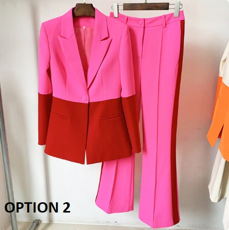 New Fashion Single Button Color Block Blazer Flare Pant Set CODE: KAR2269