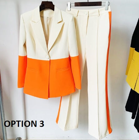 New Fashion Single Button Color Block Blazer Flare Pant Set CODE: KAR2269