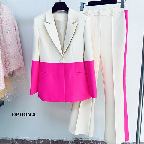 New Fashion Single Button Color Block Blazer Flare Pant Set CODE: KAR2269