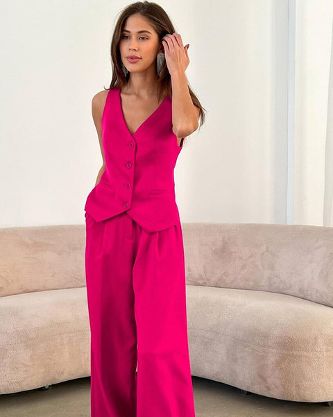 Summer Elegant Button Vest Blazer High Waist Wide Leg Pant 2 Piece Set CODE: KAR2271