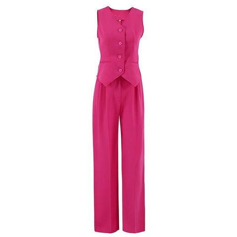 Summer Elegant Button Vest Blazer High Waist Wide Leg Pant 2 Piece Set CODE: KAR2271