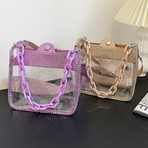 New Fashion Rhinestone Transparent Glitter Jelly Thick Chain Shoulder Bag CODE: KAR2275
