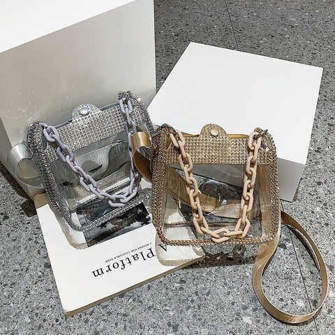 New Fashion Rhinestone Transparent Glitter Jelly Thick Chain Shoulder Bag CODE: KAR2275