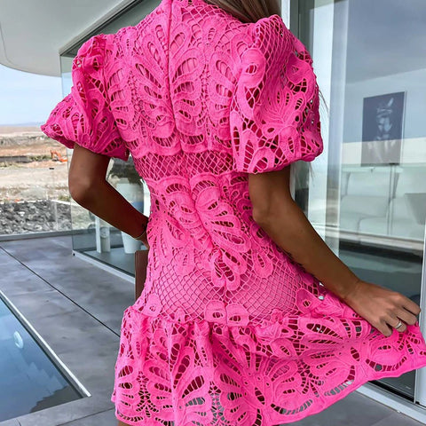 New Puff Short Sleeve Embroidery Mini Half High Neck Ruffle Dress  CODE: KAR2276