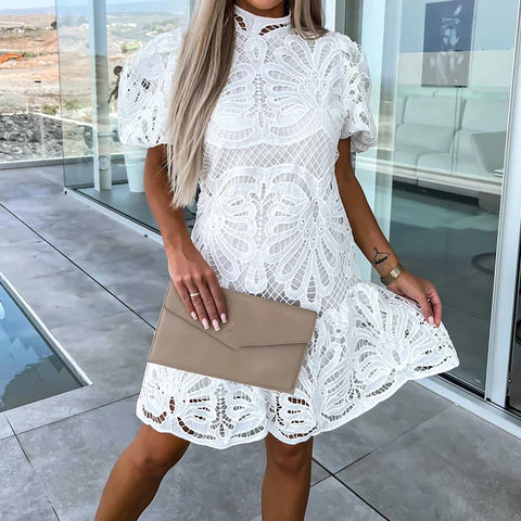 New Puff Short Sleeve Embroidery Mini Half High Neck Ruffle Dress  CODE: KAR2276