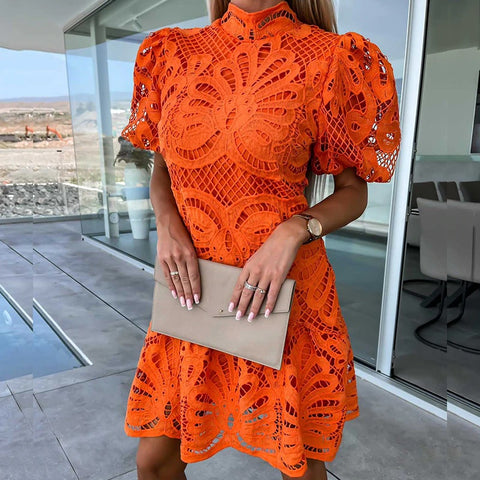 New Puff Short Sleeve Embroidery Mini Half High Neck Ruffle Dress  CODE: KAR2276