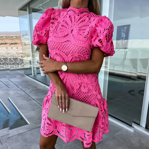 New Puff Short Sleeve Embroidery Mini Half High Neck Ruffle Dress  CODE: KAR2276