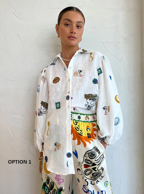 Summer Single Breasted Lapel Long Lantern Sleeve Printed Top CODE: KAR2277