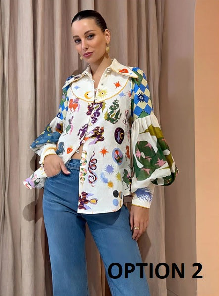 Summer Single Breasted Lapel Long Lantern Sleeve Printed Top CODE: KAR2277