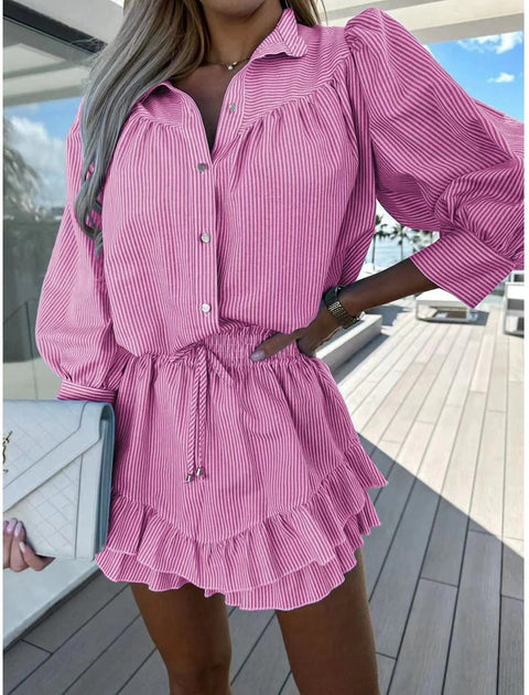 Summer Casual Sweet Bow Striped  Elegant Princess Sleeve  Shirt & Tierred Frill Mini Skirt Set CODE: KAR2278