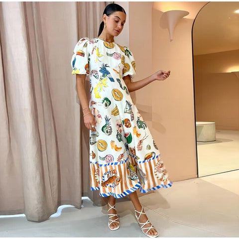 Summer Fashion Fruit Printed Puff Sleeve O-Neck Maxi Long Dress CODE: KAR2279