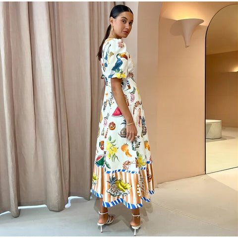 Summer Fashion Fruit Printed Puff Sleeve O-Neck Maxi Long Dress CODE: KAR2279