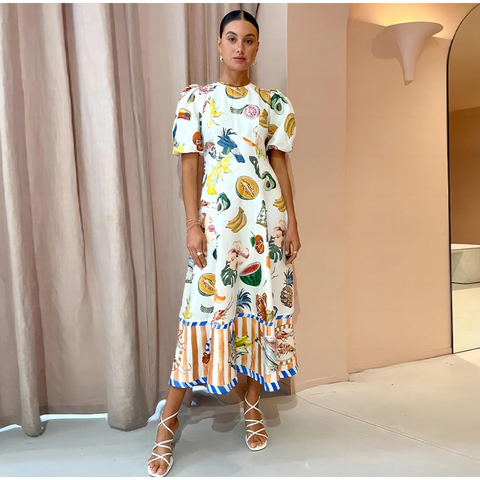 Summer Fashion Fruit Printed Puff Sleeve O-Neck Maxi Long Dress CODE: KAR2279