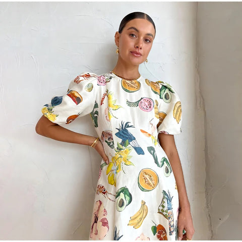 Summer Fashion Fruit Printed Puff Sleeve O-Neck Maxi Long Dress CODE: KAR2279