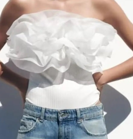 Summer Sexy Strapless Organza Patchwork Sleeveless Backless Bodysuit CODE: KAR2283