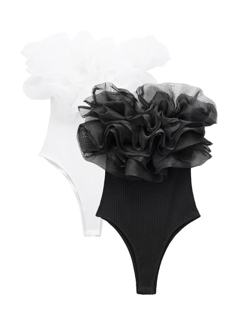 Summer Sexy Strapless Organza Patchwork Sleeveless Backless Bodysuit CODE: KAR2283