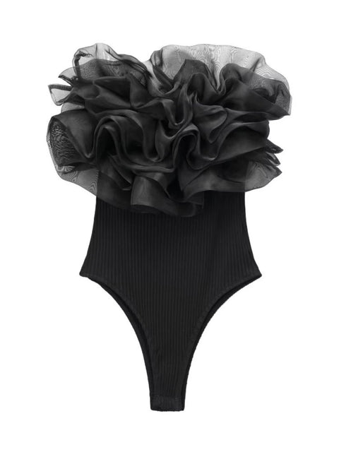 Summer Sexy Strapless Organza Patchwork Sleeveless Backless Bodysuit CODE: KAR2283