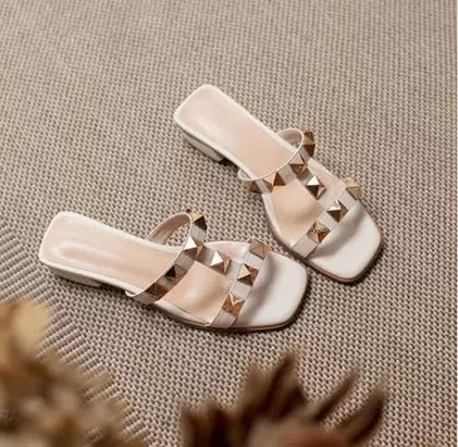 New Fashion Studded Decorative Ankle Buckle Strap Low Square Heel Open Toe Sandal CODE: KAR2284